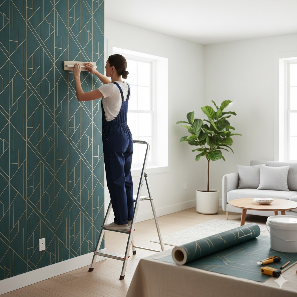 Pose de papier peint panoramique salon